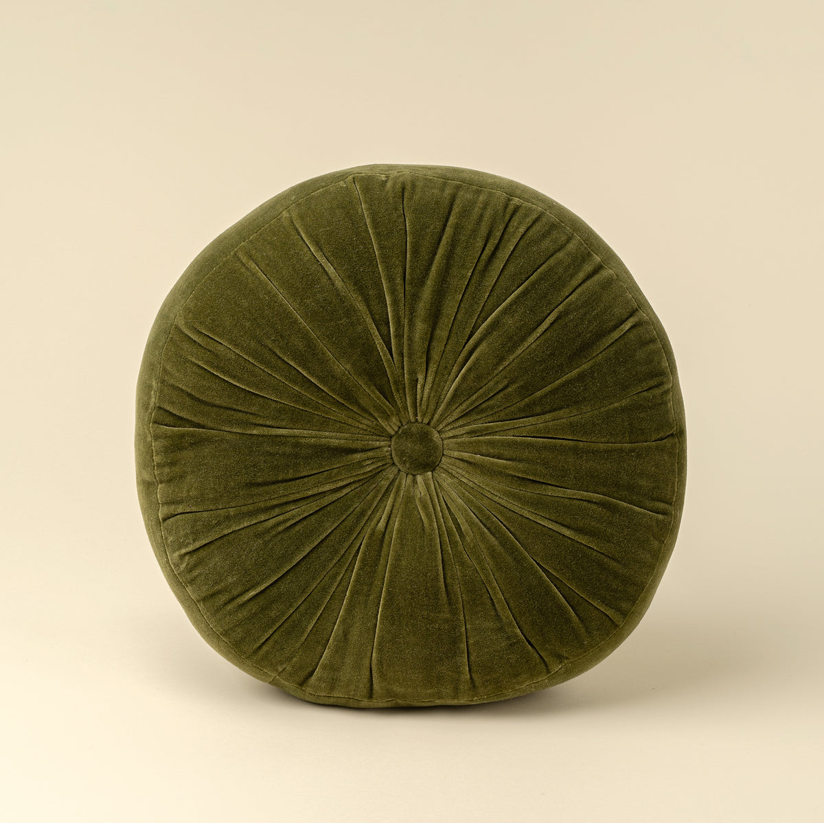 Velvet Tuft Round Cushion in moss velvet on a white background - PABOOM