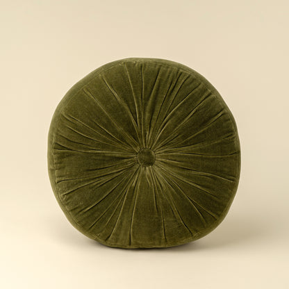 Velvet Tuft Round Cushion in moss velvet on a white background - PABOOM