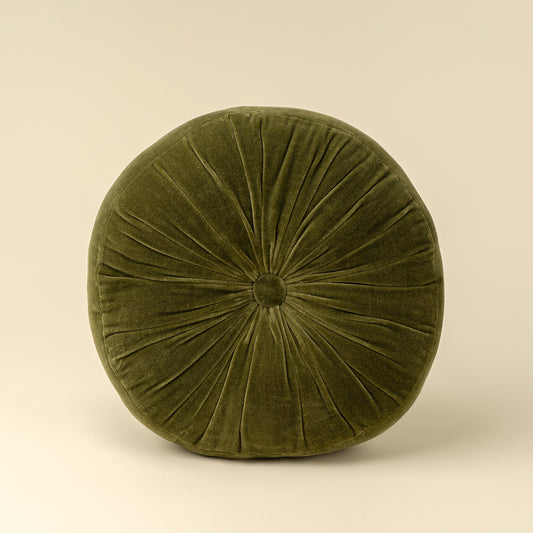 Velvet Tuft Round Cushion in moss velvet on a white background - PABOOM