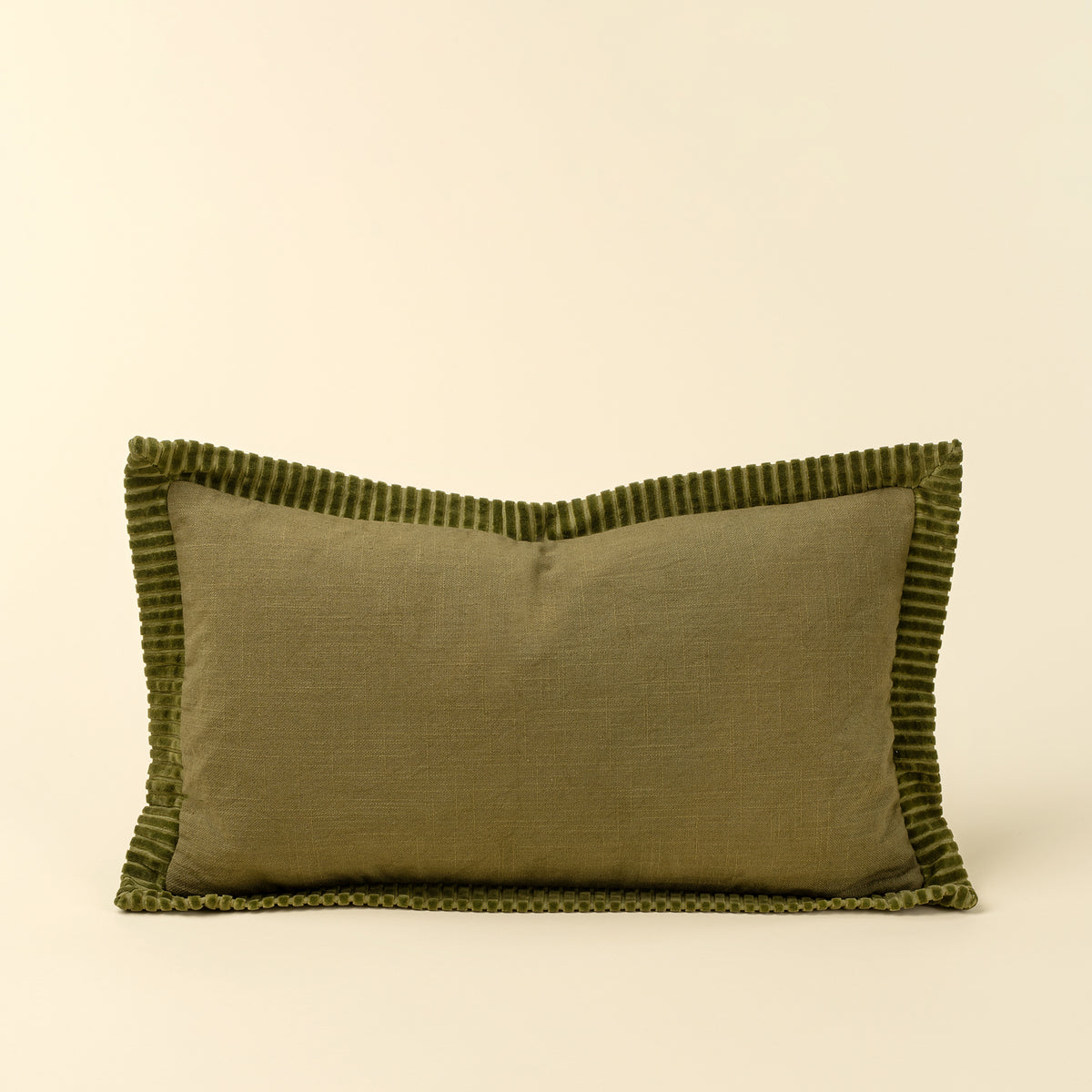 Corded Velvet Edge Pillow in moss with velvet corduroy trim on a white background - PABOOM