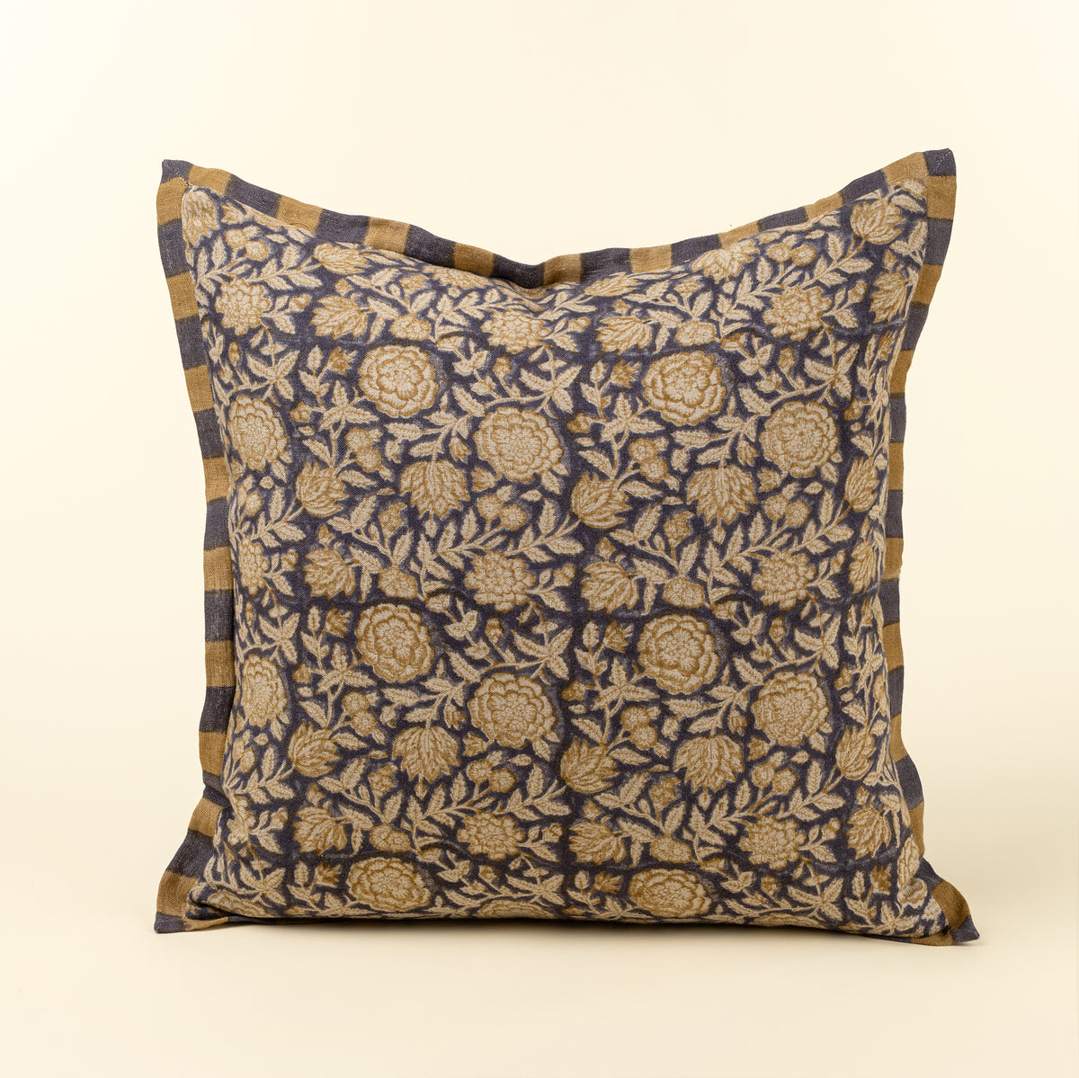 Floral & Stripe Block Print Linen Pillow showing the floral side on a white background - PABOOM