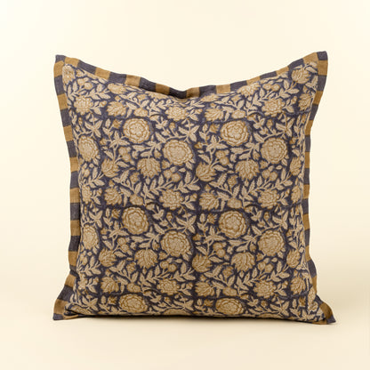 Floral & Stripe Block Print Linen Pillow showing the floral side on a white background - PABOOM