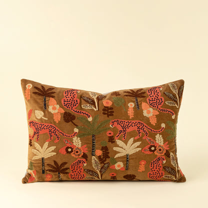 Velvet Jungle Pillow with embroidered jungle motif on a white background - PABOOM