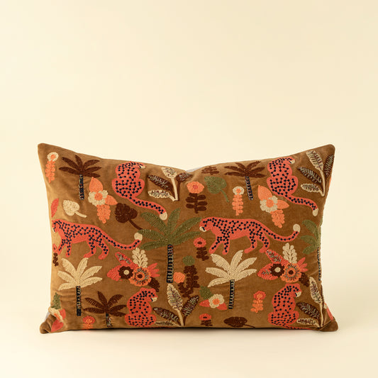 Velvet Jungle Pillow with embroidered jungle motif on a white background - PABOOM