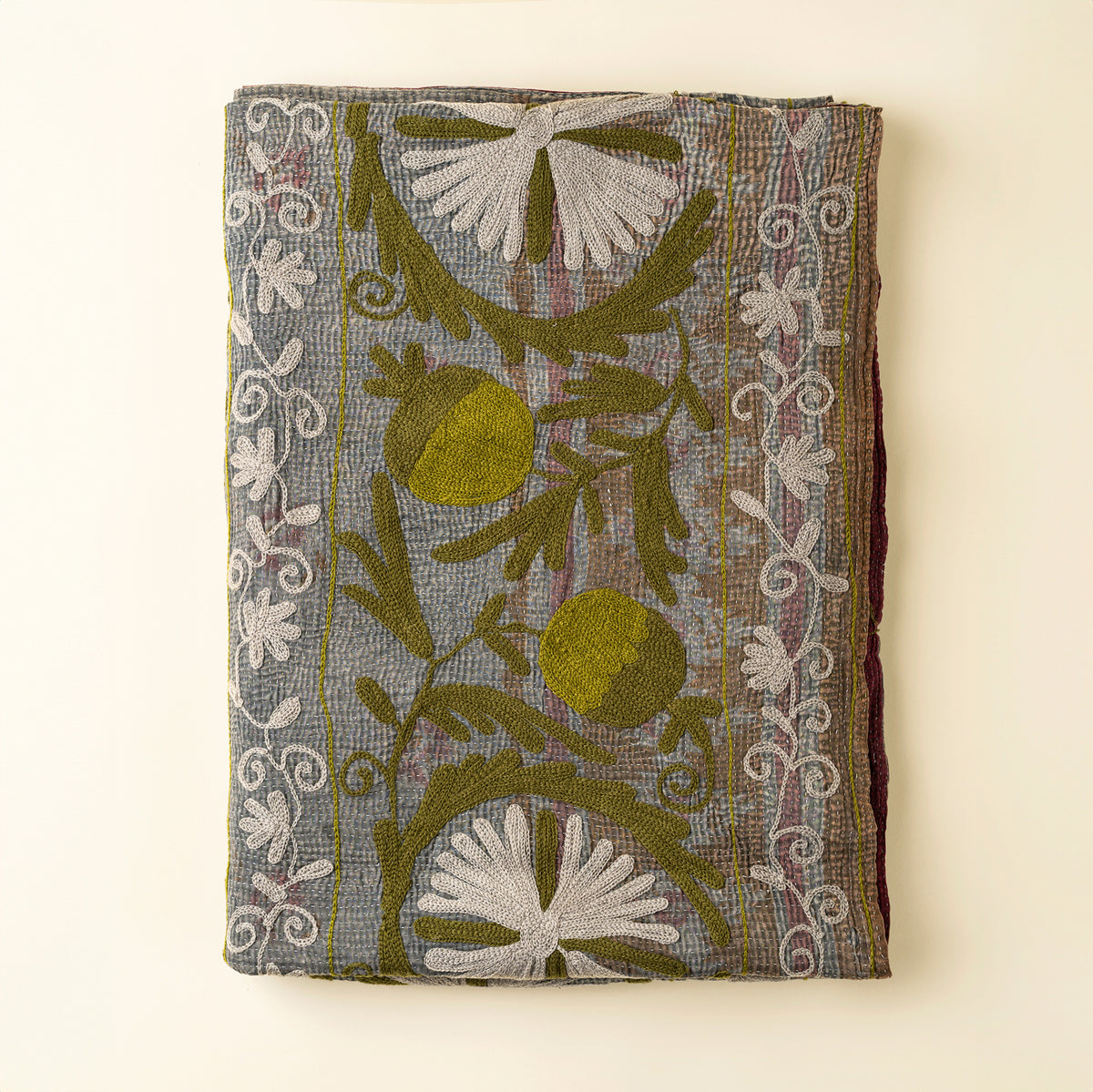 Vintage Embroidered Kantha throw blanket in blue tones on a white background - PABOOM