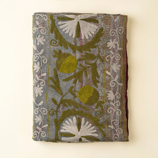 Vintage Embroidered Kantha throw blanket in blue tones on a white background - PABOOM