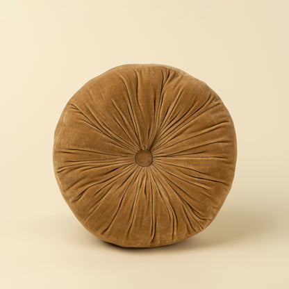 Velvet Tuft Round Cushion in gold velvet on a white background - PABOOM