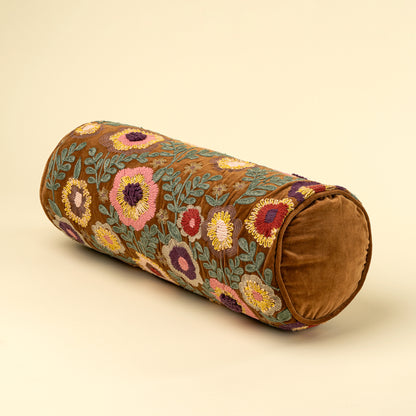 Wildflower Velvet Bolster with hand-embroidered floral design on a white background - PABOOM