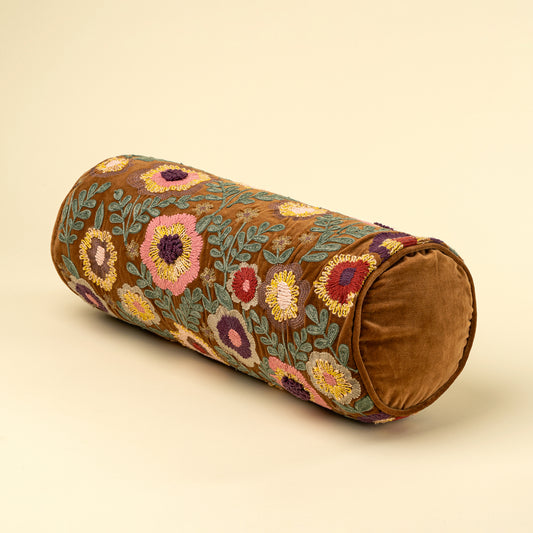 Wildflower Velvet Bolster with hand-embroidered floral design on a white background - PABOOM
