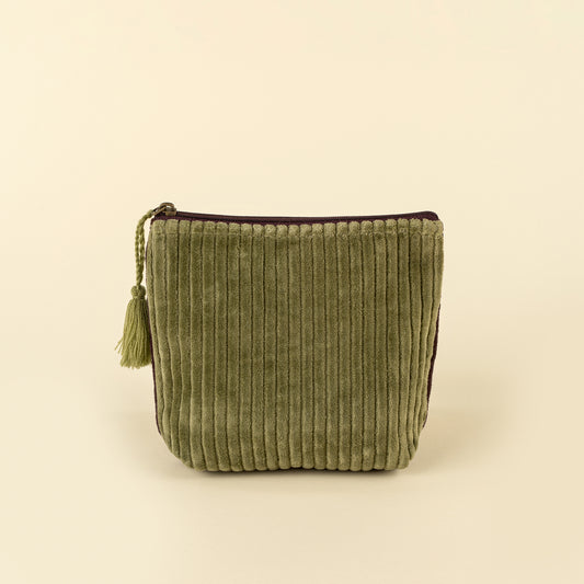 Olive green corduroy velvet vanity pouch with a matching tassel zipper pull