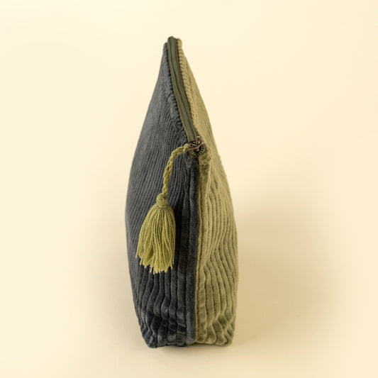 Two-Tone Velvet Vanity Pouch in Navy/Green shown open