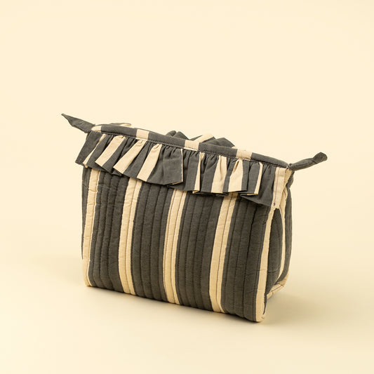 Charcoal and cream block-printed stripe pouch with a ruffled zipper edge, small size