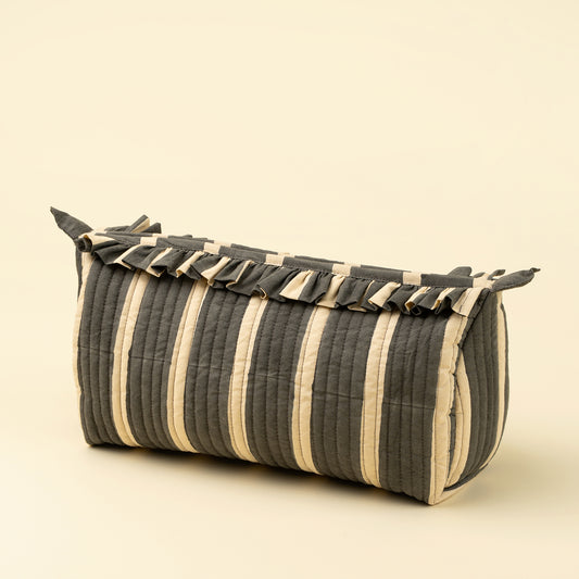 Charcoal and cream block-printed stripe pouch with a ruffled zipper edge