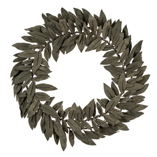 Wreath of dark olive-green canvas leaves with hand-stitched iron wire detailing