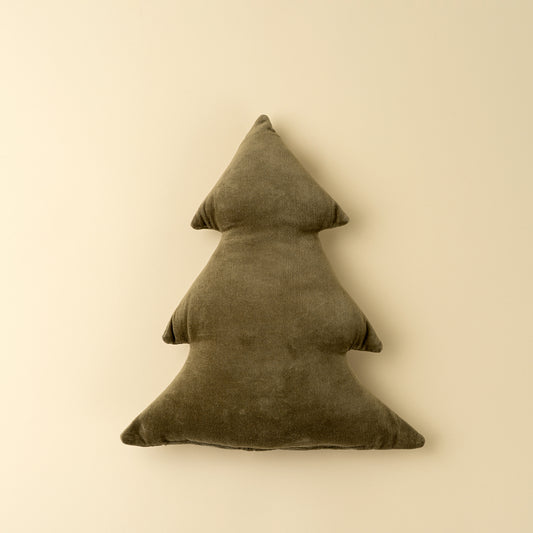 Olive green velvet pillow shaped like a Christmas tree