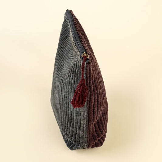 Two-Tone Velvet Vanity Pouch in Sangria/Navy shown open