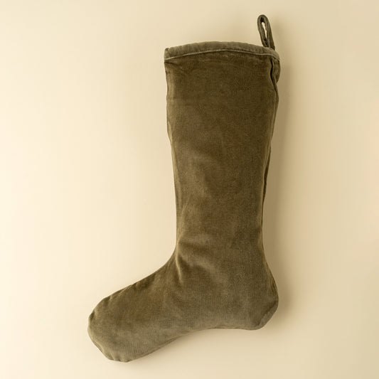 Olive green velvet Christmas stocking with a soft plush finish