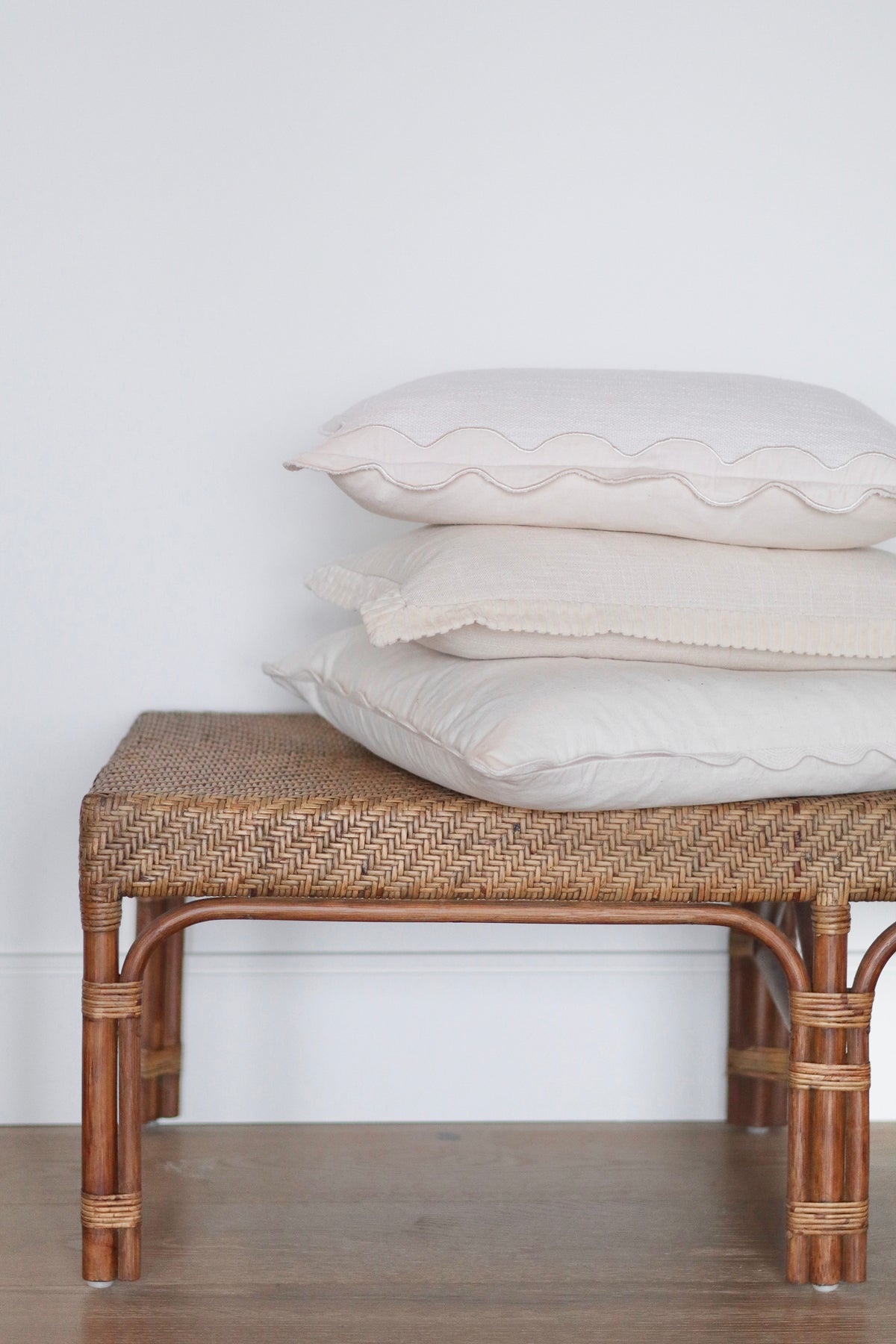 Velvet Scallop Pillow in Ivory shown from a side angle