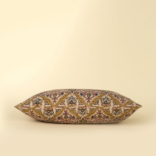 Luna Vine Block Print Pillow styled on a sofa with other cushions