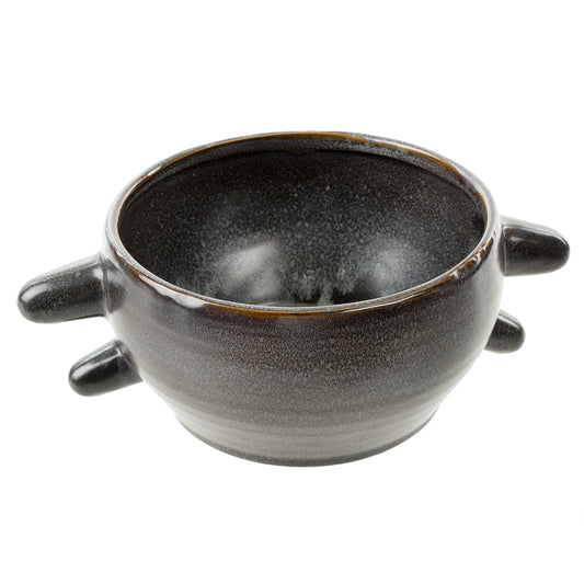 Dark speckled glazed ceramic pot with four sculptural pinched handles around the rim
