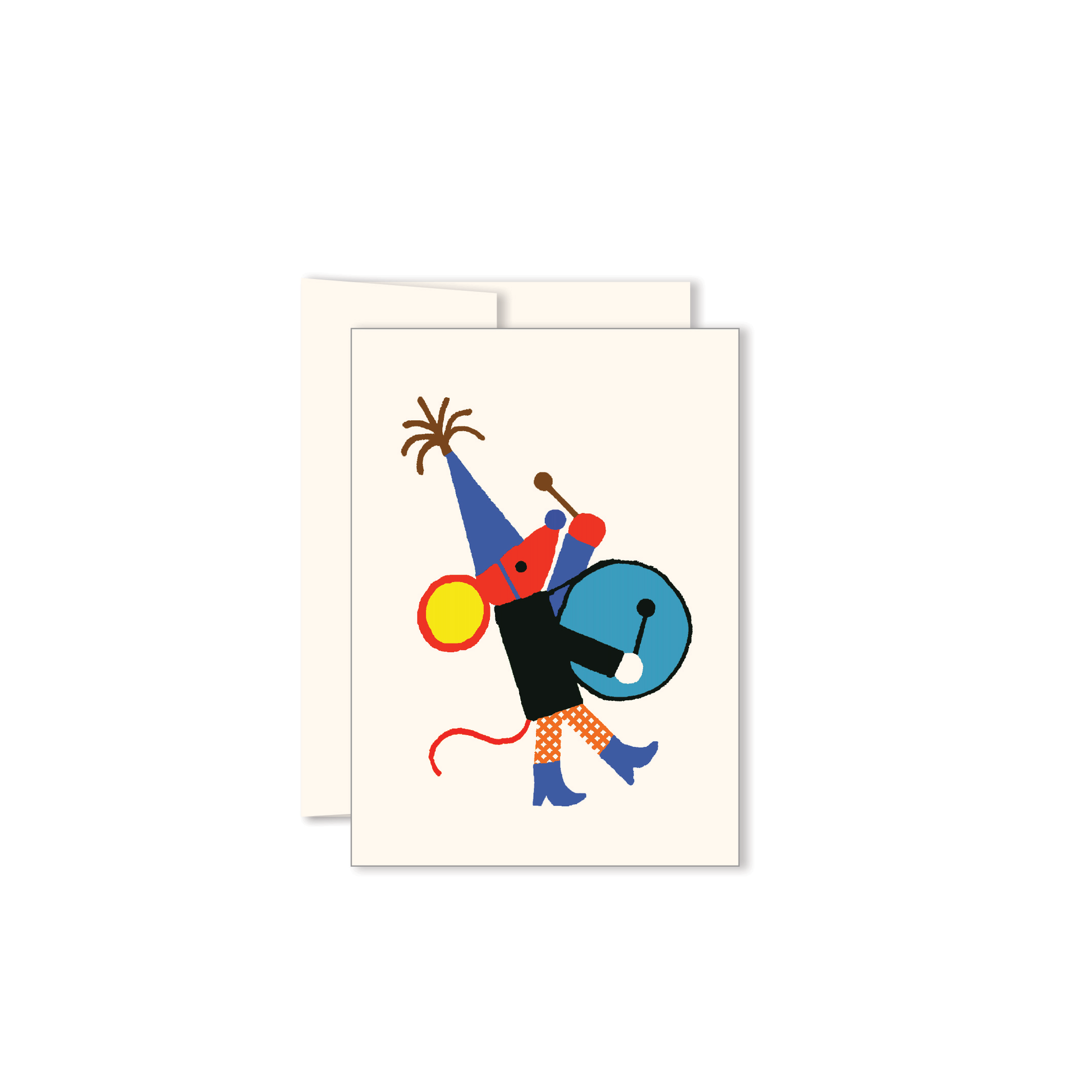 Abstract geometric figure in a party hat carrying a drum, on cream background