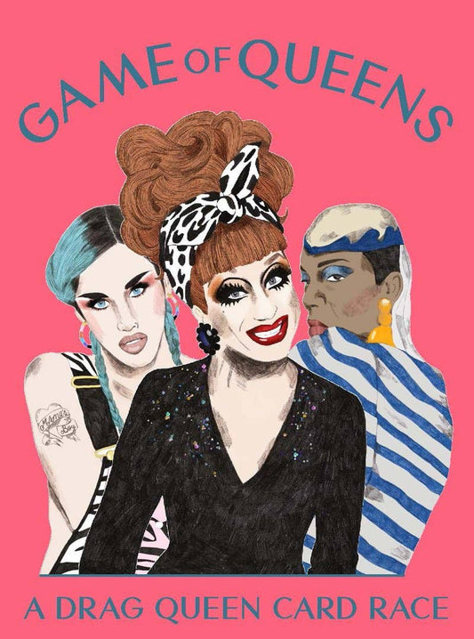 Game of Queens drag queen card game box in coral with illustrated portraits of three drag queens - PABOOM