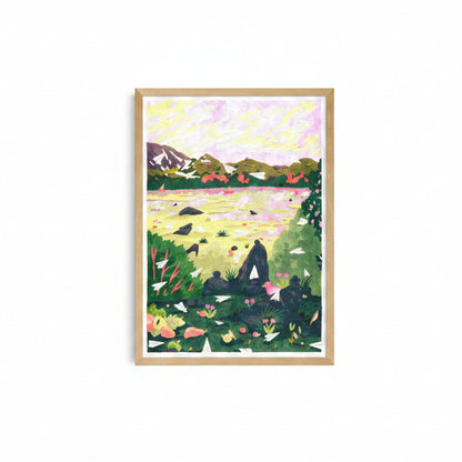 Colorful illustration of a nature scene with mountains, lake, and animals in a wooden frame.