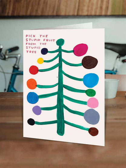 David Shrigley x Brainbox Candy Stupid Tree Christmas card with red envelope - PABOOM