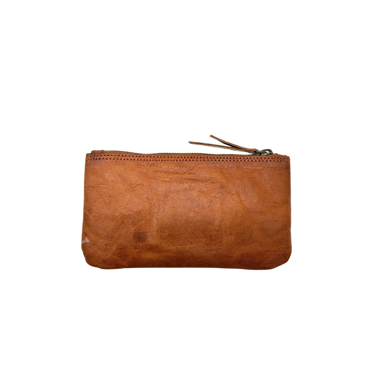 Natural tan genuine goat leather zip pouch with a top zipper and small pull tab