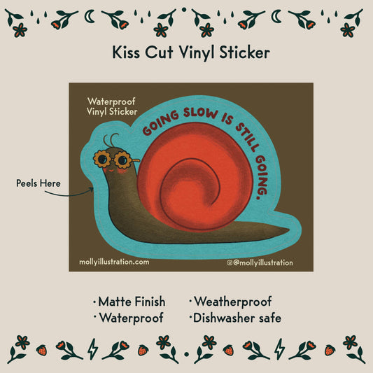 Close-up of the snail illustration on the Going Slow sticker