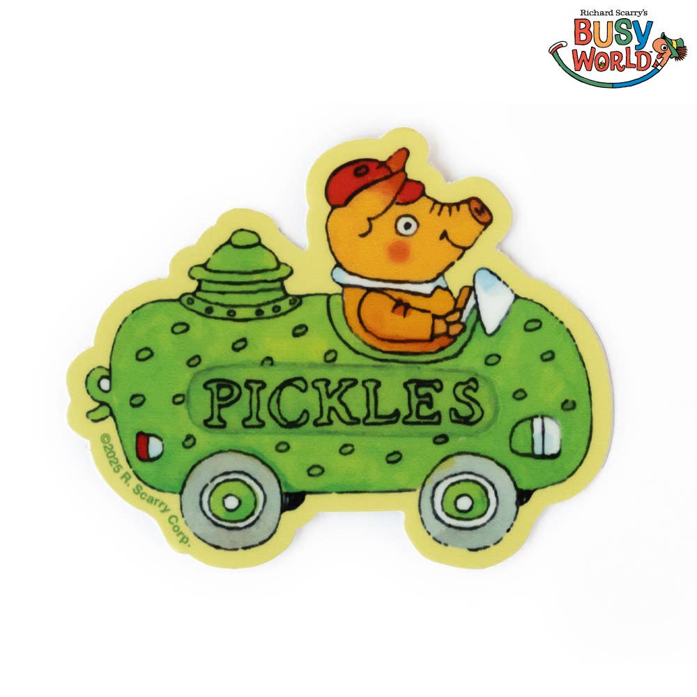 Vinyl sticker of a pig wearing a red cap driving a green car labelled 'Pickles,' from Richard Scarry's Busytown.