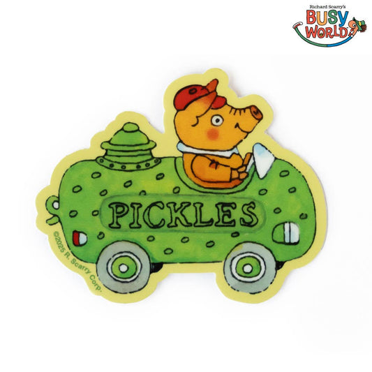 Vinyl sticker of a pig wearing a red cap driving a green car labelled 'Pickles,' from Richard Scarry's Busytown.