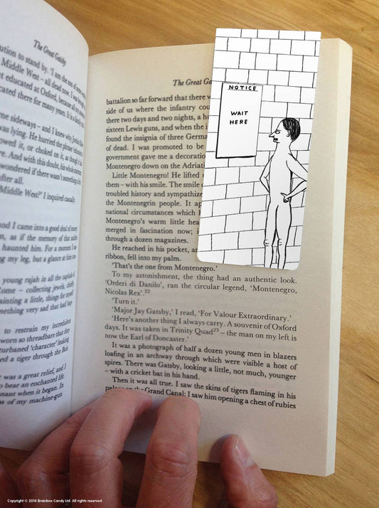 David Shrigley x Brainbox Candy Notice Wait Here magnetic bookmark, packaging detail - PABOOM