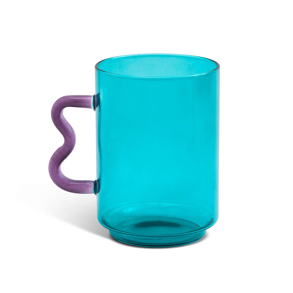 Teal glass 18oz Squiggle Mug with a purple wavy handle