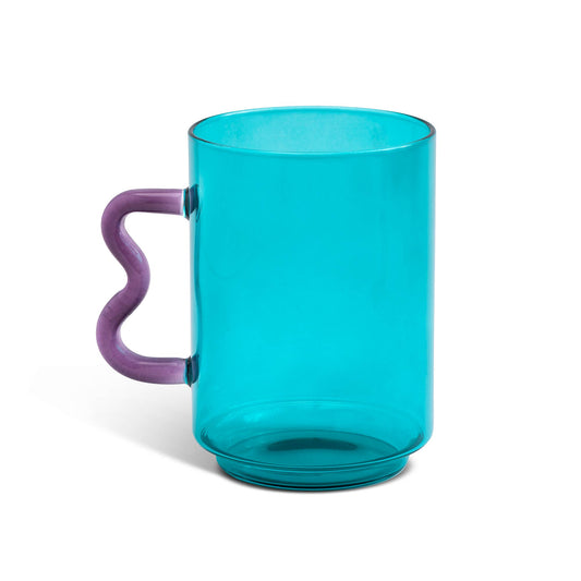 Teal glass 18oz Squiggle Mug with a purple wavy handle