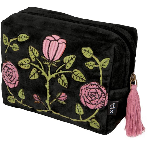 Black velvet boxy pouch embroidered with pink roses and green leaves, finished with a pink tassel zipper pull – PABOOM