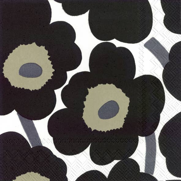 Marimekko UNIKKO paper napkin in black and white with khaki-centred poppy print