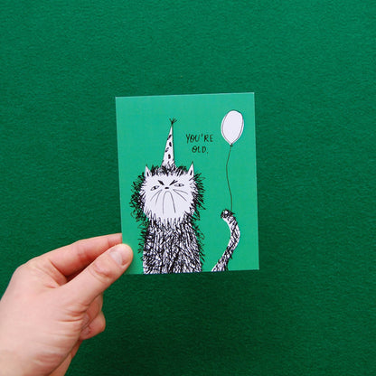 Snitty Kitty You're Old birthday card with kraft envelope - PABOOM