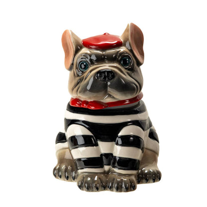 Hand-painted ceramic French Bulldog cookie jar wearing a red beret and red bow tie, with a black and white striped sweater body