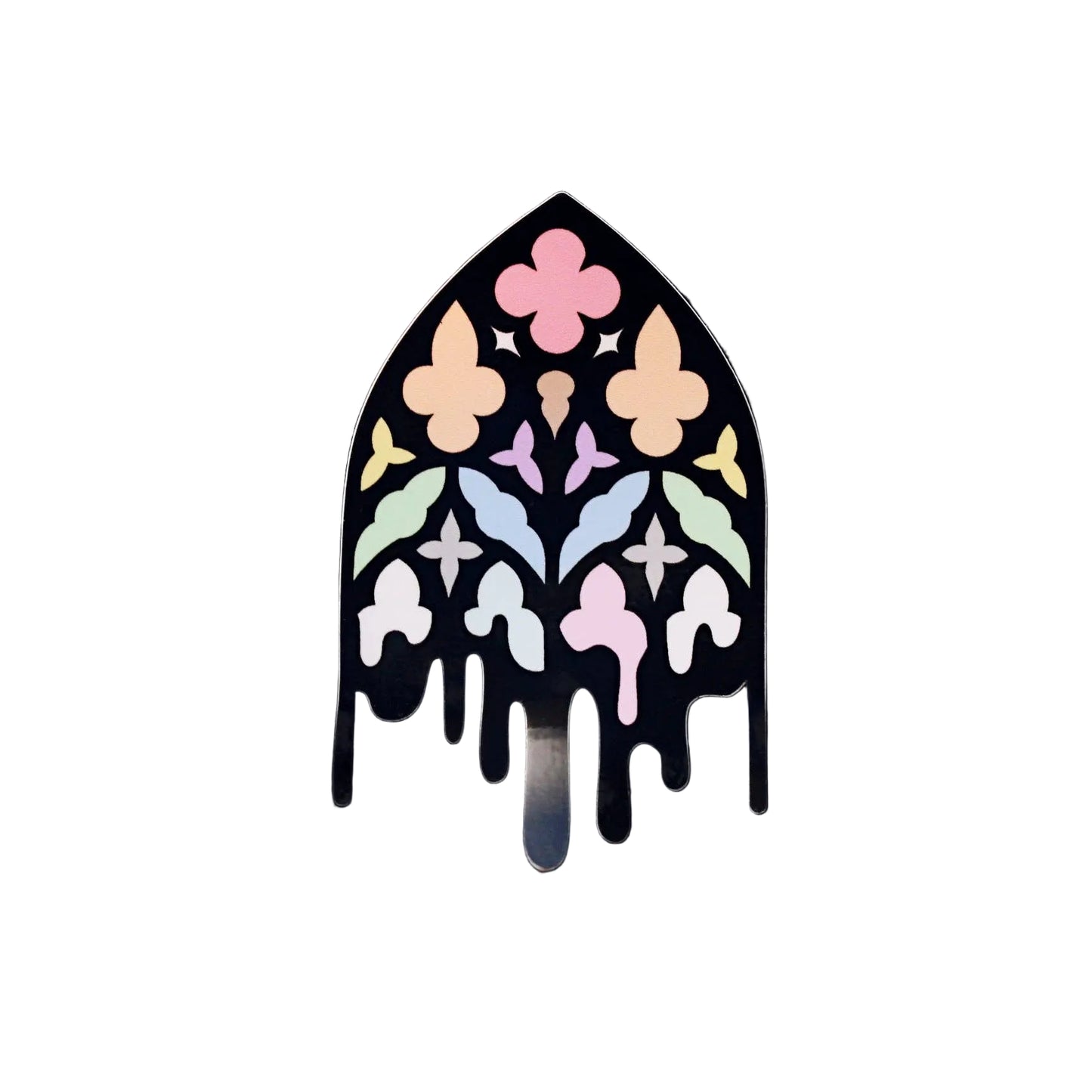 Waterproof vinyl die-cut sticker shaped like a gothic cathedral window in pastel rainbow stained-glass colours with a dripping black outline