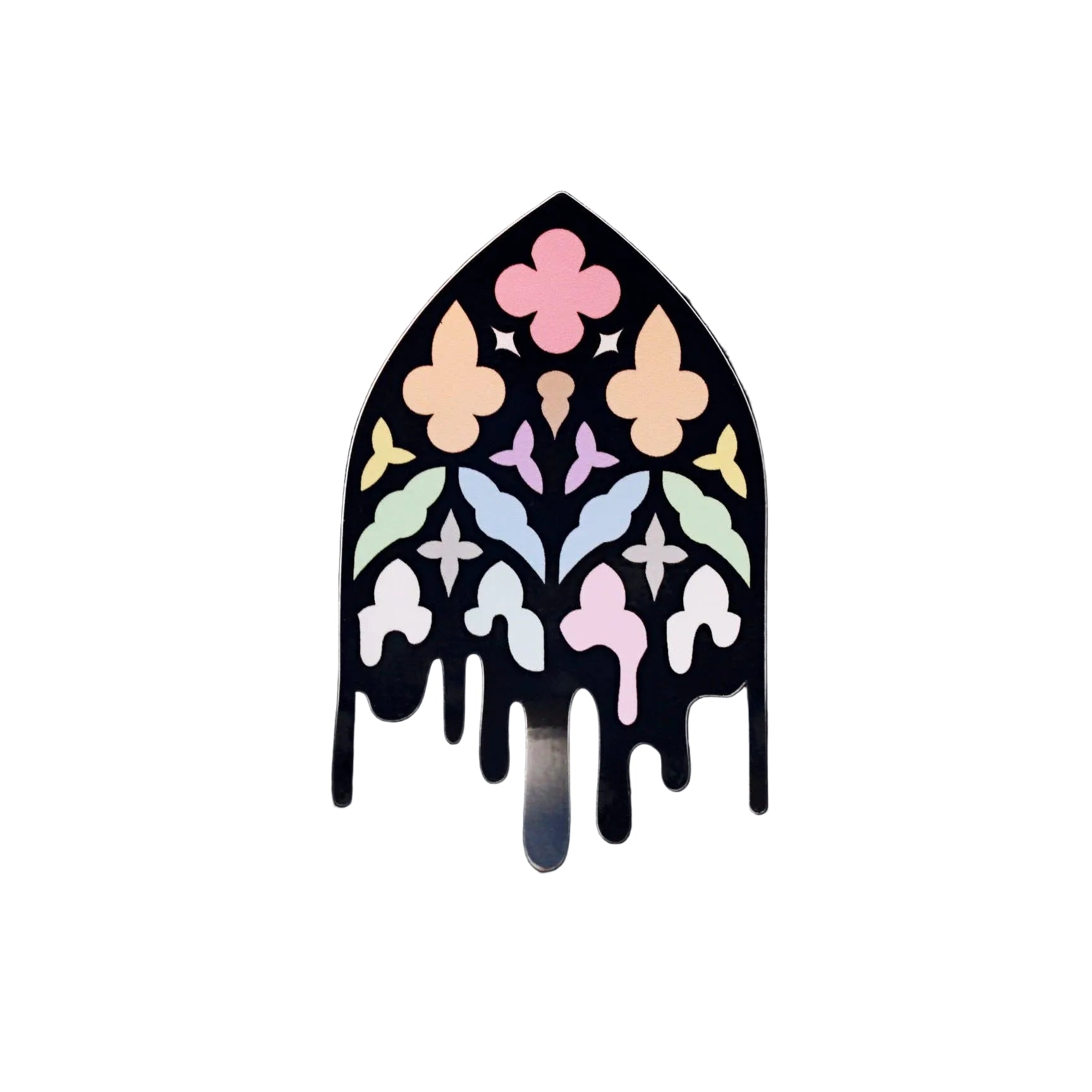 Waterproof vinyl die-cut sticker shaped like a gothic cathedral window in pastel rainbow stained-glass colours with a dripping black outline