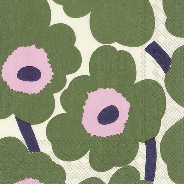Marimekko UNIKKO paper napkin in olive green with lilac and navy poppy print