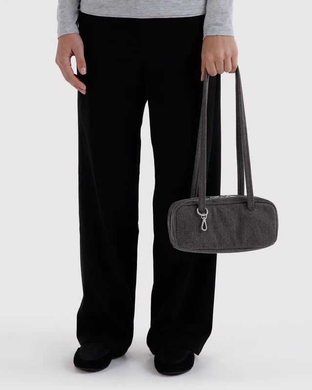 BAGGU Small Denim Bowler Bag Washed Black Denim strap and hardware detail - PABOOM
