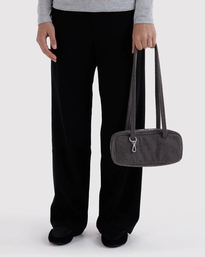 BAGGU Small Denim Bowler Bag Washed Black Denim strap and hardware detail - PABOOM