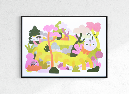 Creepy Crawly A3 Risograph Print — pastel landscape illustration with a winged creature and hidden critters, shown framed on a wall