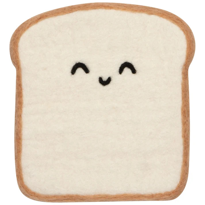 Felted wool trivet shaped like a smiling slice of toast with a golden crust – PABOOM