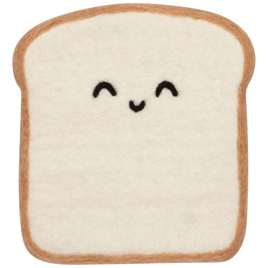 Felted wool trivet shaped like a smiling slice of toast with a golden crust – PABOOM