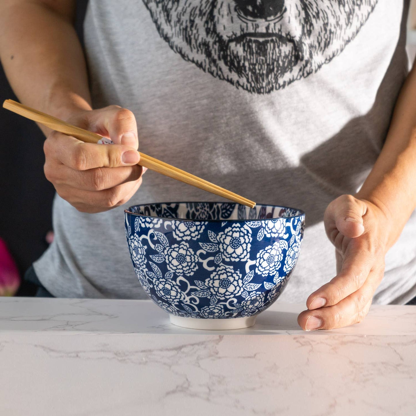 Botan Flower Design Bowl With Chopsticks