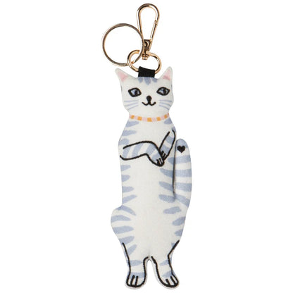 Plush grey-and-white striped standing cat bag charm with a heart detail and gold keyring clasp – PABOOM