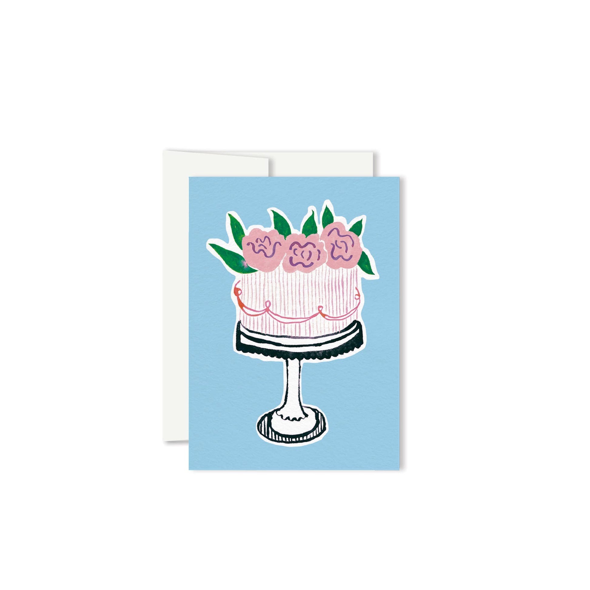 Illustrated tiered cake on a pedestal stand topped with pink roses, on blue background